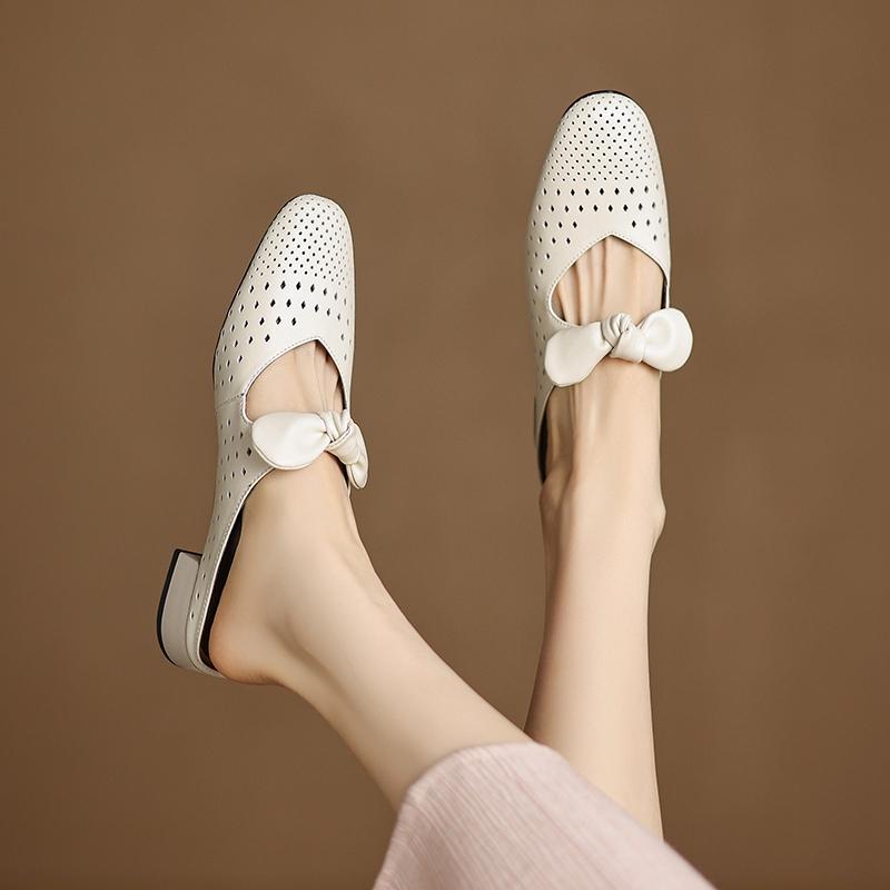 Fashion New Women's Summer Genuine Leather Cowhide Hollow Hole with Large Butterfly Bow Toe and M Ü Ller Slippers