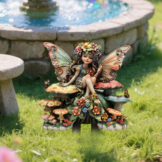 Yousheng Fairy Garden Stake with Wings, Acrylic Elf on Mushroom Outdoor Decoration, Waterproof Plant Ornament for Potted Flowers Yard