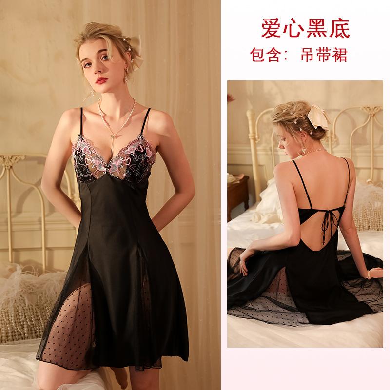 New ice silk pajamas satin sexy halter suspender pajamas lace splicing pajamas women's clothing
