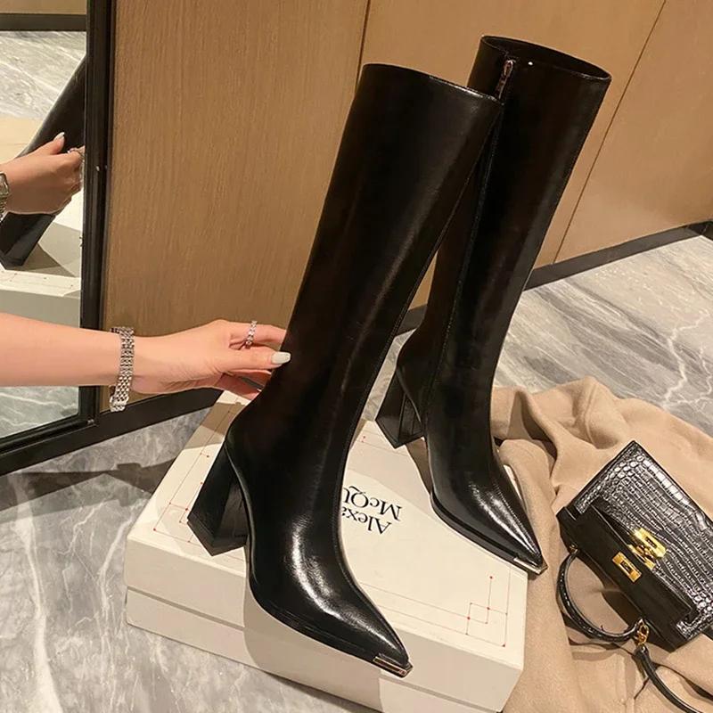

Роскошные женские высокие сапоги, модные, с острым носком, элегантные, на квадратном каблуке, длинные, короткие, плюшевые, женская обувь 39 чёрный