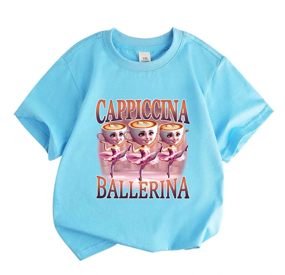 Kids Boys Girls 100% Cotton Crew Neck Short Sleeve T-Shirt, Funny Cappiccina Ballerina Coffee Cartoon Print Casual Soft Tee Tops for Daily Wear