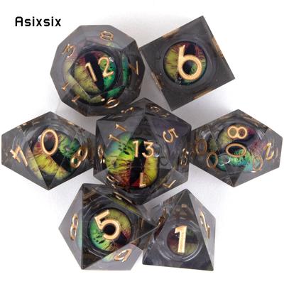 7 Stück schwarzer Augapfel, goldene Zahl, scharfkantige Harzwürfel, polyedrische Würfel, geeignet für Rollenspiele, RPG-Brettspiele