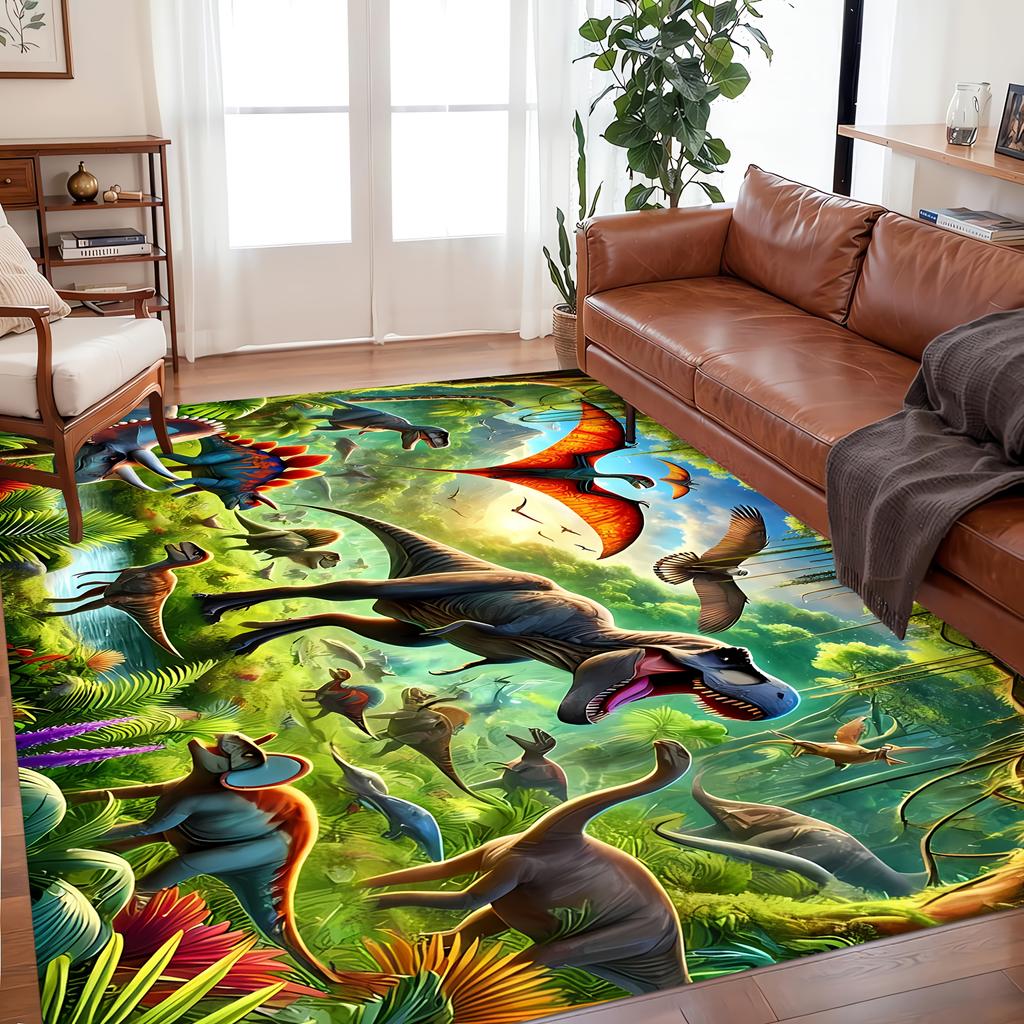 Vintage Forest Dinosaur World Rug, Retro Jungle Animal Non-Slip Floor Mat, Washable Decor Carpet for Kids Room Living Room