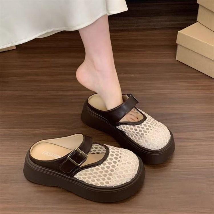 Thick-soled Bag Head Half Slippers, Women's Summer Wear New Mesh Breathable Shoes, One Pedal, Versatile Cool Slippers