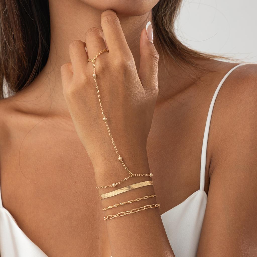 Simple Diamond-Encrusted Thin Chain Stacked Finger Bracelet, Cold Wind Metal Snake Bone Chain, Back Chain.