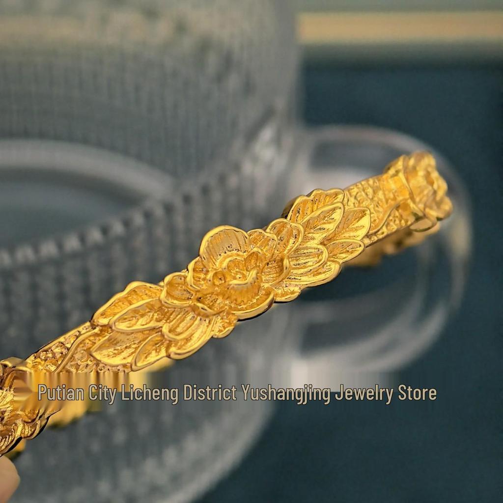 Gold Alloy Peony Flower Bracelet for Women - Chinese Style, High-End Solid Open Design 
