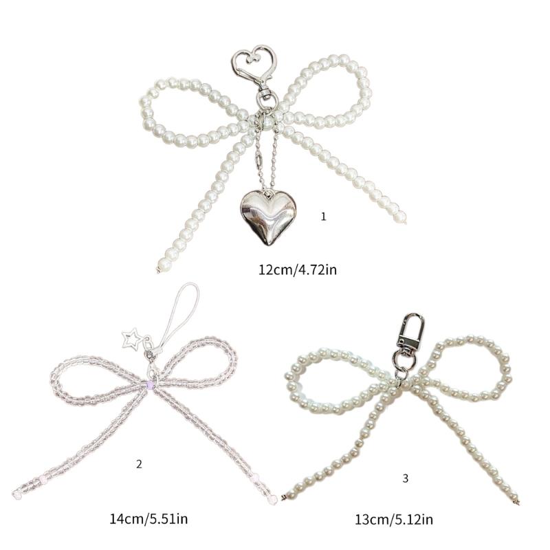 Elegant Keychain with Heart Pendant Fashionable and Practical Bead Bowknot Keyring Key Charm for Bag Decoration