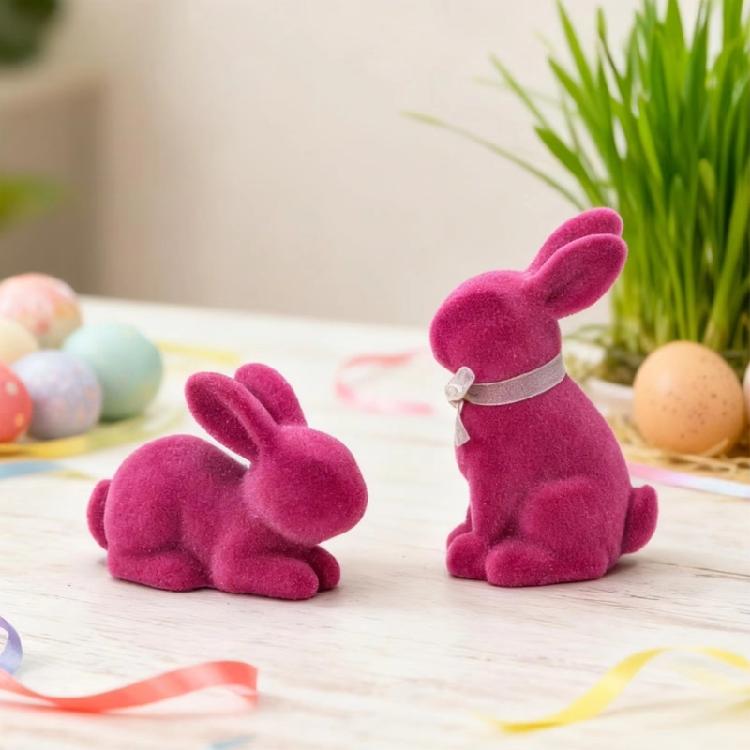 2Pcs/set Lovely Flocking Easter Rabbit Statues Small Resin Desktop Ornament Ideal For Party Table Centerpieces