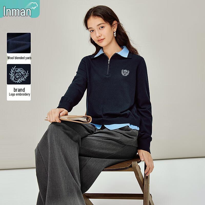 INMAN Women's Color-block Polo Knitted Pullover