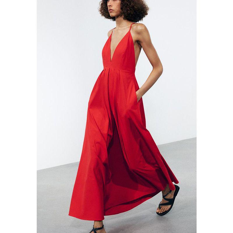 Spring and Summer Women's Clothing Sexy Style Cotton Blend Pleated Decoration Open Back V-neck Elegant Long Dress 2816653