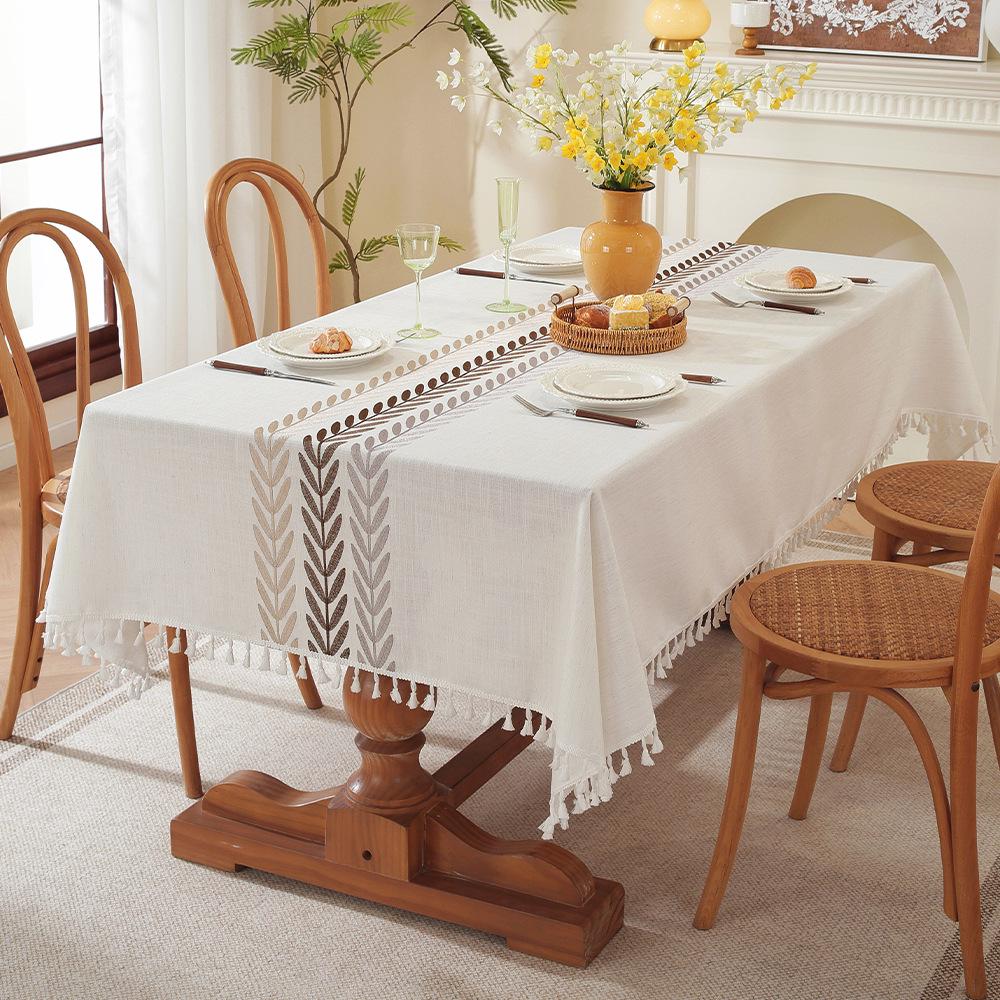 Nordic Embroidered Cotton Linen Tablecloth with Tassels - Dustproof Rectangular Cover for Dining or Coffee Table