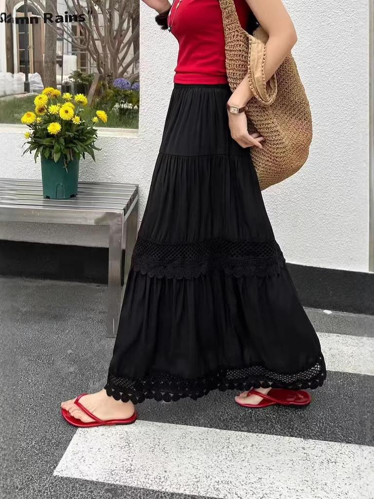 French Lace Patchwork A-line Elastic Waist Skirt