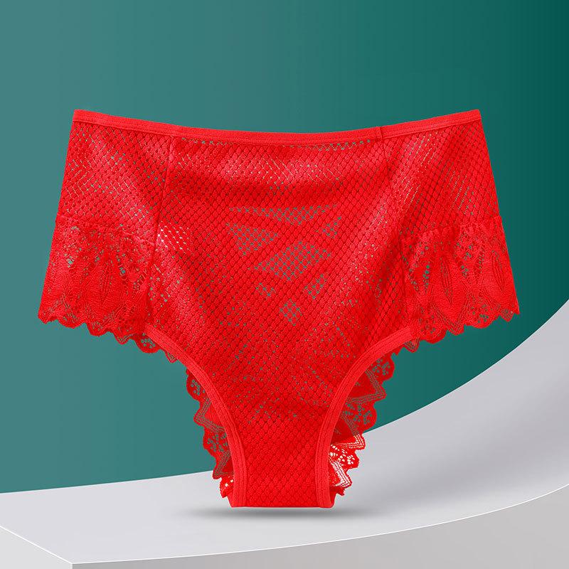 2PCS Sexy Mesh Women Lace Underwear Mid-Rise Briefs Hollow Out G String Underpant Solid Comfortable Female Breathable Lingerie