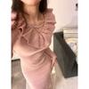 Gentle wind pink V-neck ruffle edge knitted dress autumn and winter slim base with coat and long dress inside