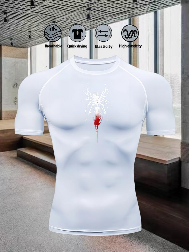 Maglia Compressiva Uomo Asciugatura Rapida Bianca Palestra T-Shirt Stampa Ragno Bianco Rosso Abbigliamento Sportivo Allenamento