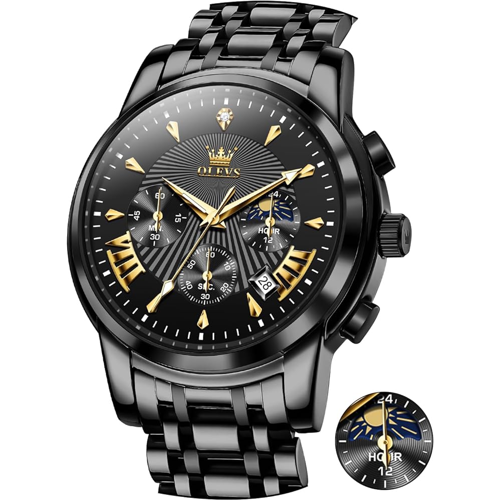 OLEVS Men s Chronograph Watch Black Analog Waterproof Quartz Business Style Large Display