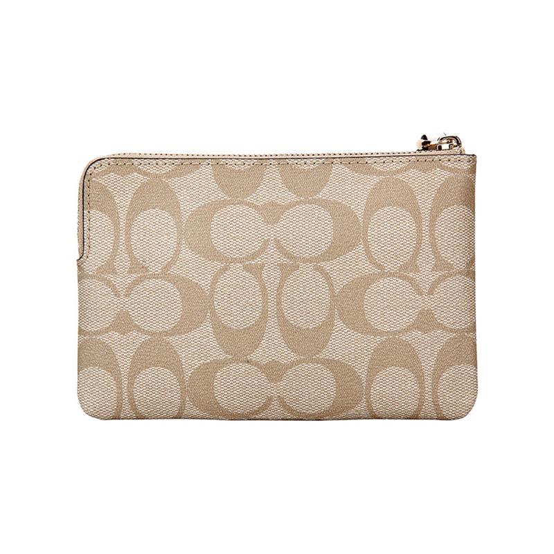 COACH Corner Zip 16 presbyopia canvas with leather mahjong wrist bag clutch small size women's white with khaki