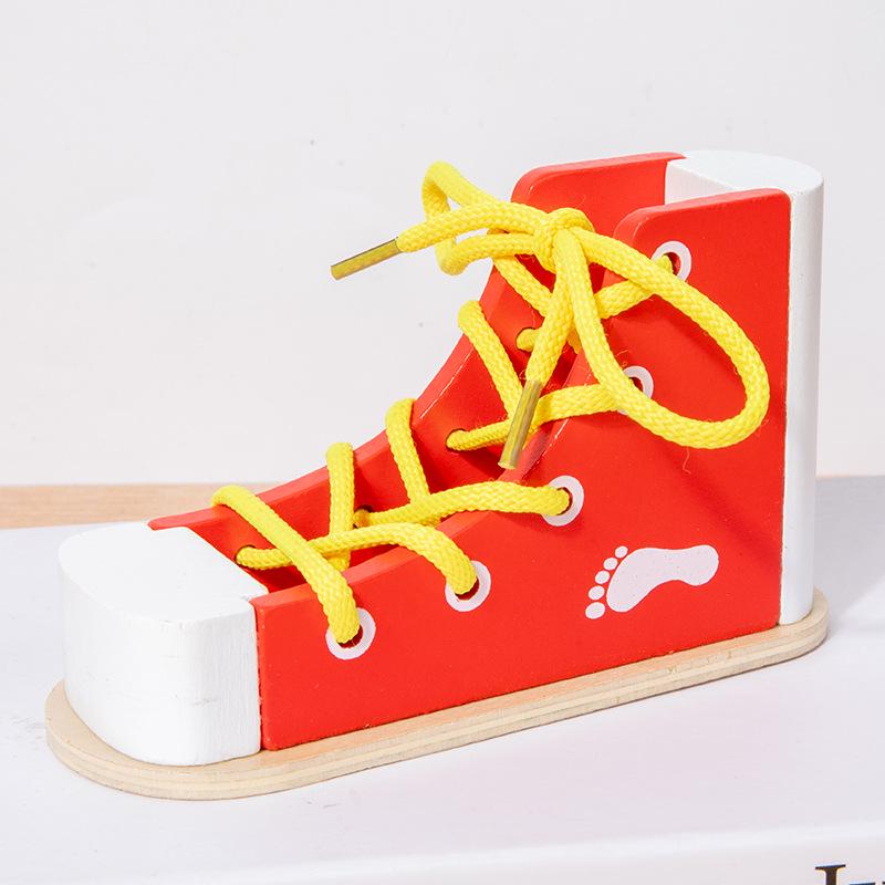 Montessori Wooden Lacing Shoe Toy for Kids