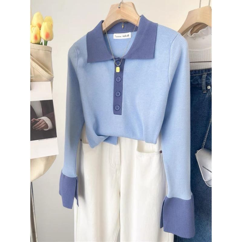 Polo Lapel Sweater Bottoming Shirt Women's Autumn and Winter Senior Sense Slim and Thin Knitted Sweater Contrasting Color Inner Top