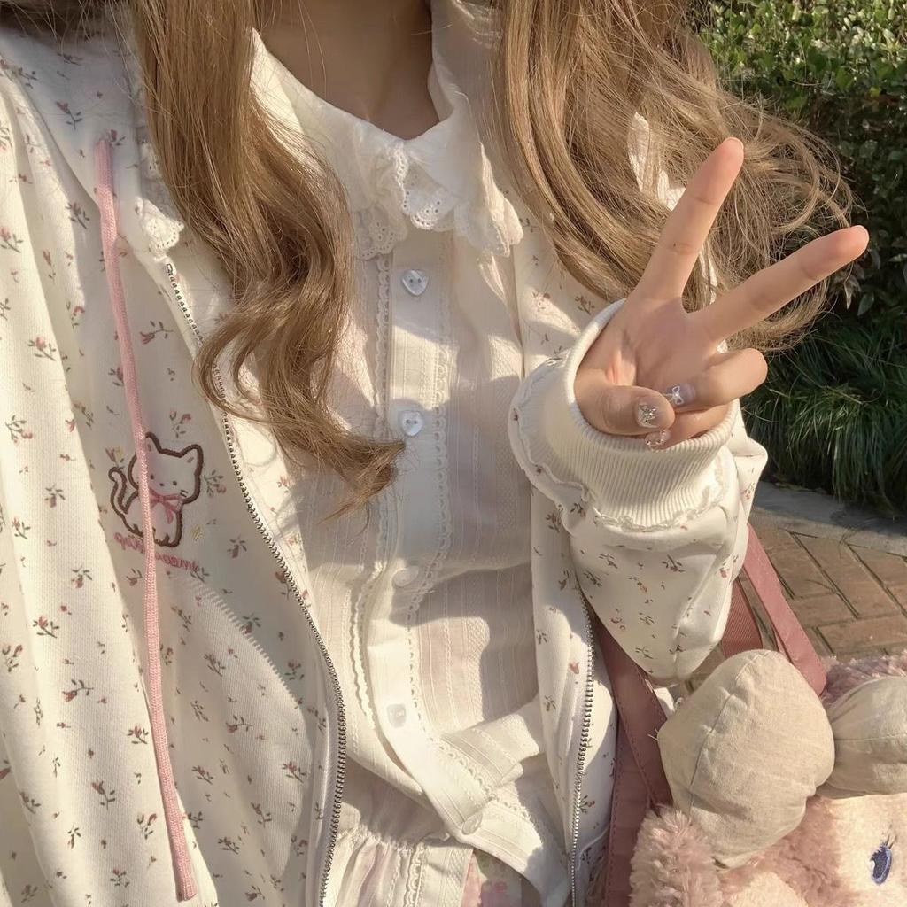 Kawaii Sweet Harajuku hettegenser for kvinner Japansk mote blonder patchwork blomstertrykk Kattebroderi hettegenser med glidelås