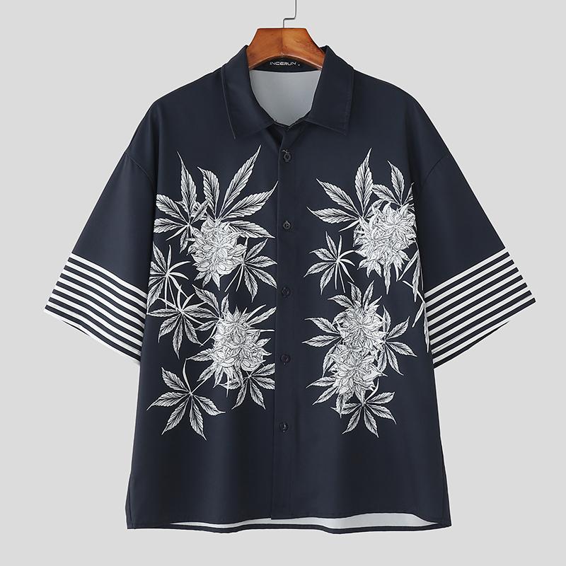 

INCERUN Oversized Men Lapel Short Sleeve Floral Striped Casual Loose Shirts 4XL синий