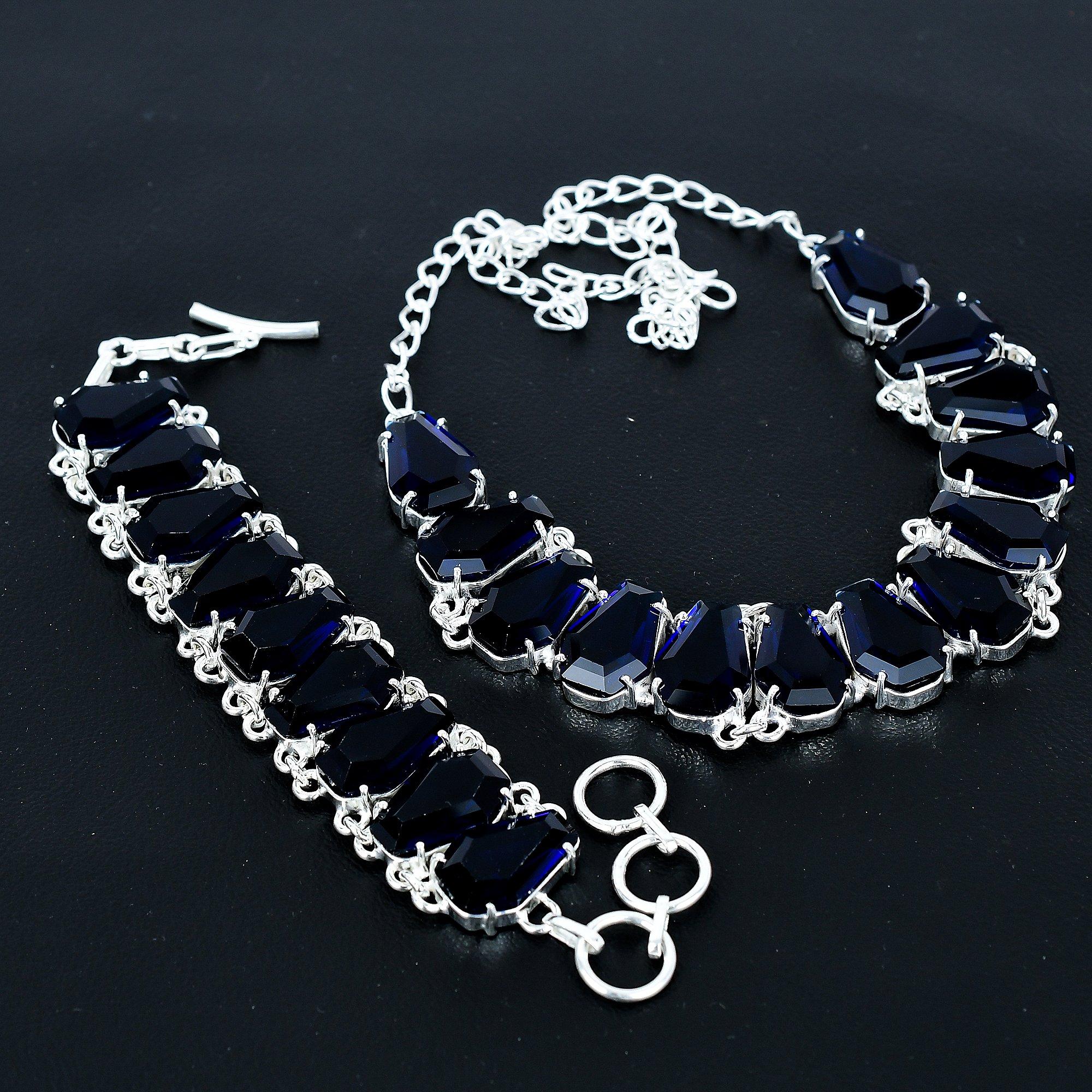

Blue Sapphire Necklace & Bracelet Jewelry Set, Coffin Blue Sapphire Gemstone 925 Sterling Silver Handmade Jewelry Unique Collection, Birthday Gift 20 синій