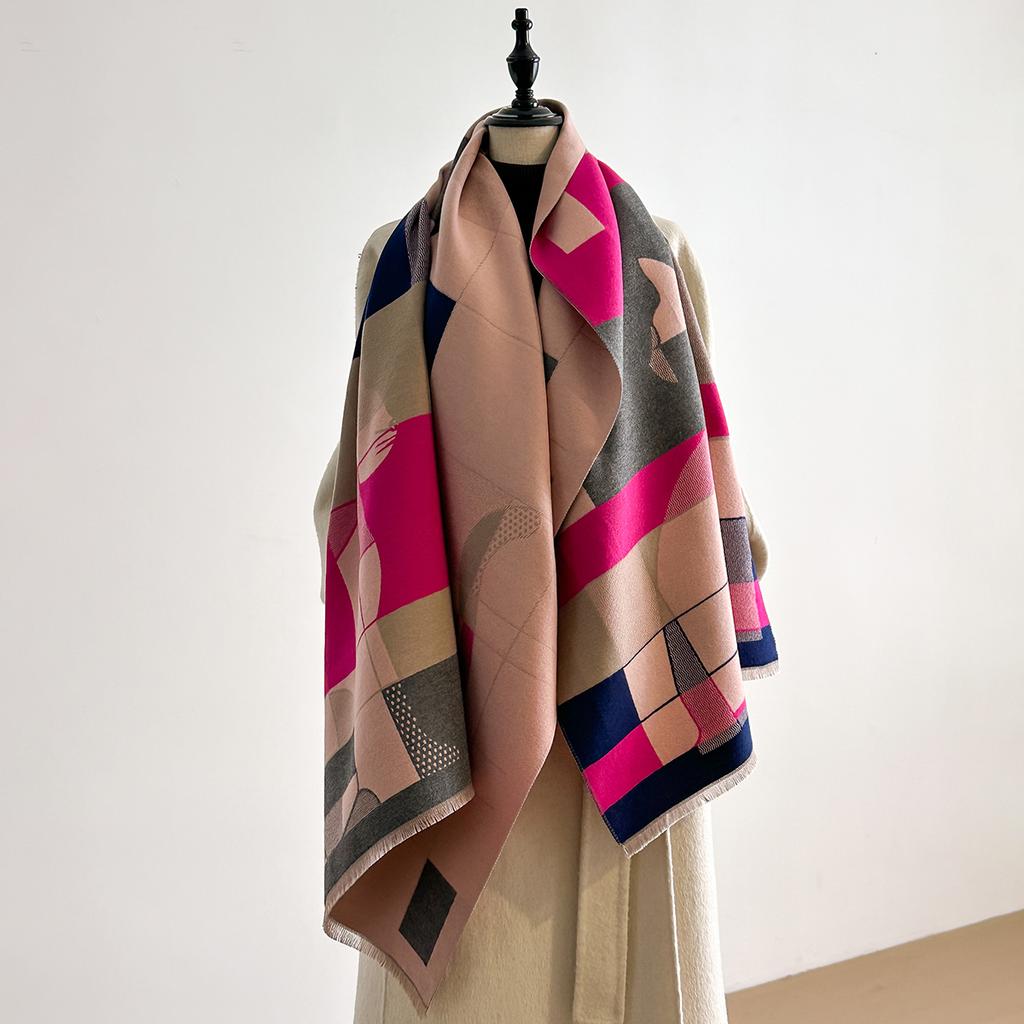 Luxuriöser Winterschal für Damen Faux-Kaschmir Warm Geometrischer Katzen-Print Pashmina Dick Weich Stola Wickeltuch Damenmarke Foulard Bufanda