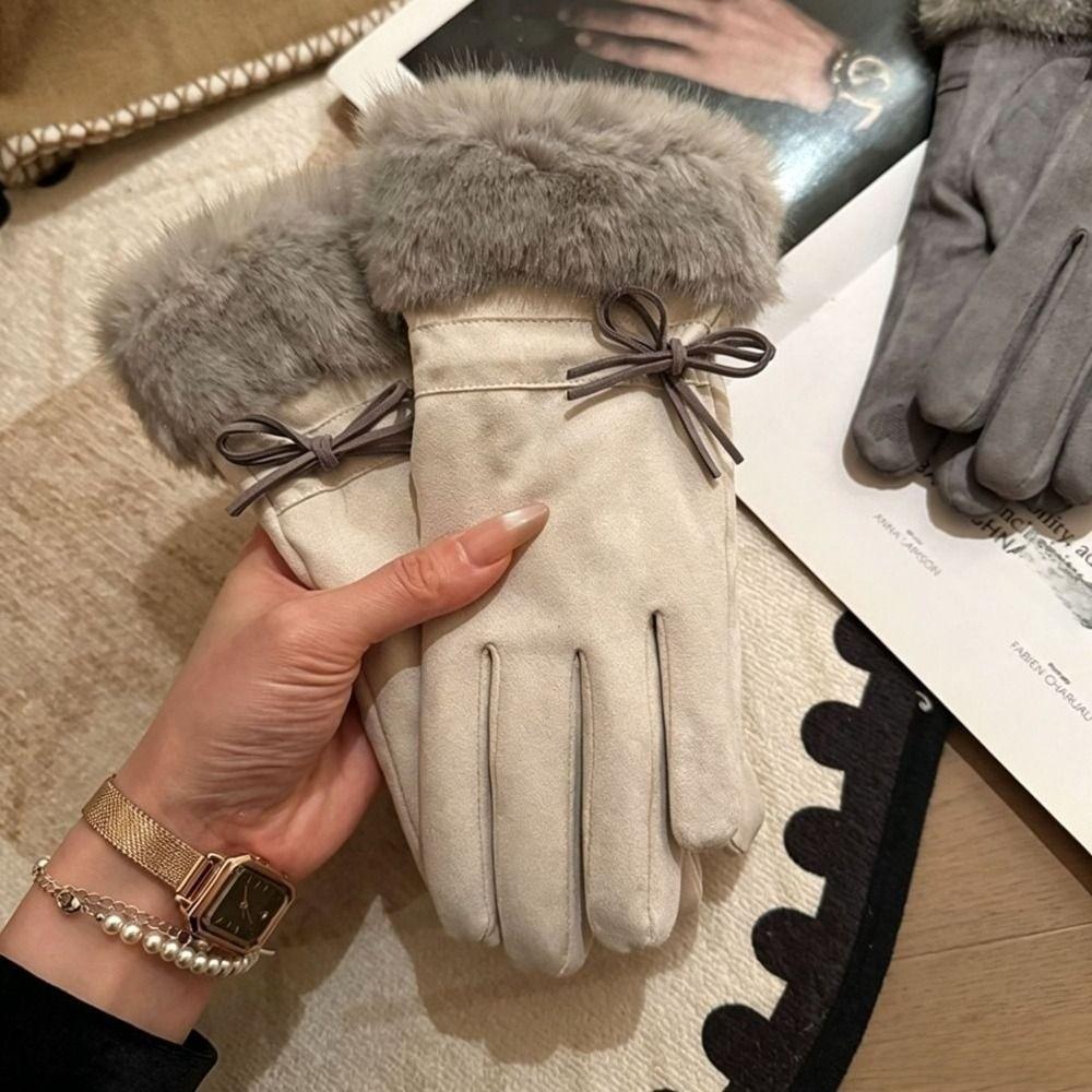 One Size Fleece Lined Gloves Bow Decoration Winter Thick Warm Gloves Faux Fur Gloves Driving