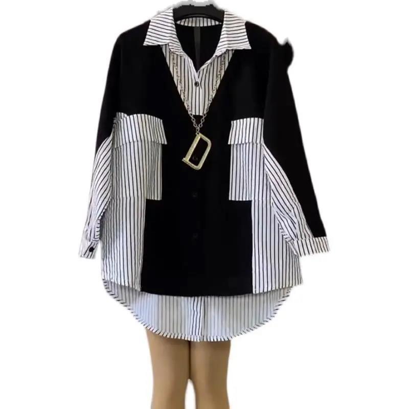 Cămașă de vară pentru femei mărime mare, largă și mulată, de lungime medie și lungă, cu dungi contrastante, top fashion pentru a acoperi imperfecțiunile