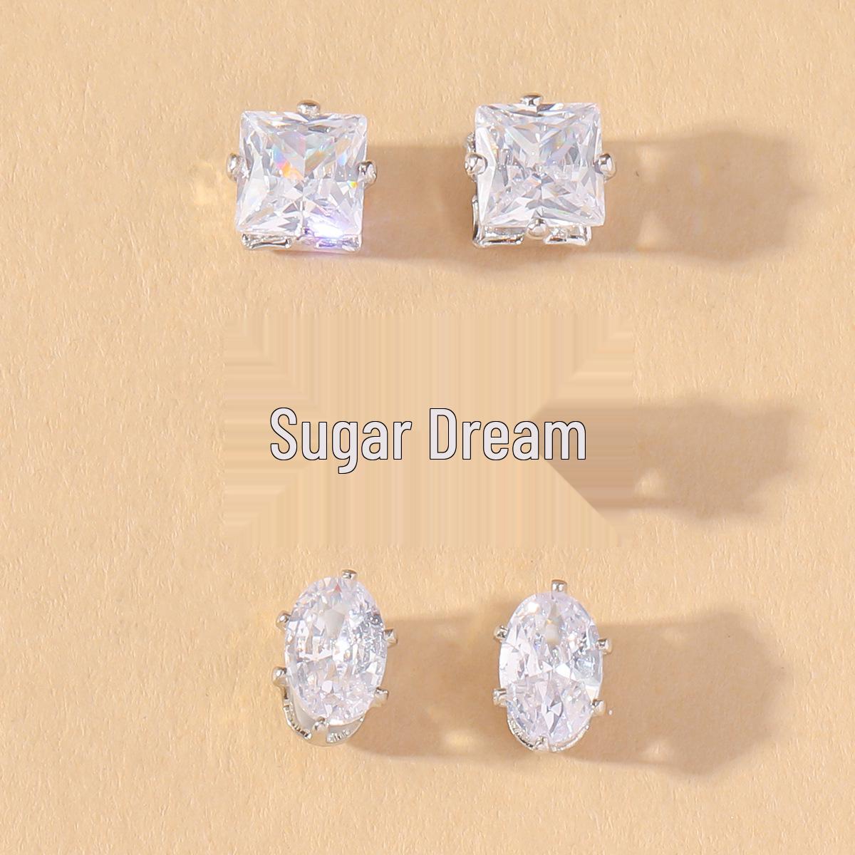 Square Oval Heart Zircon Stud Earrings Set, Korean Style Minimalist Earrings