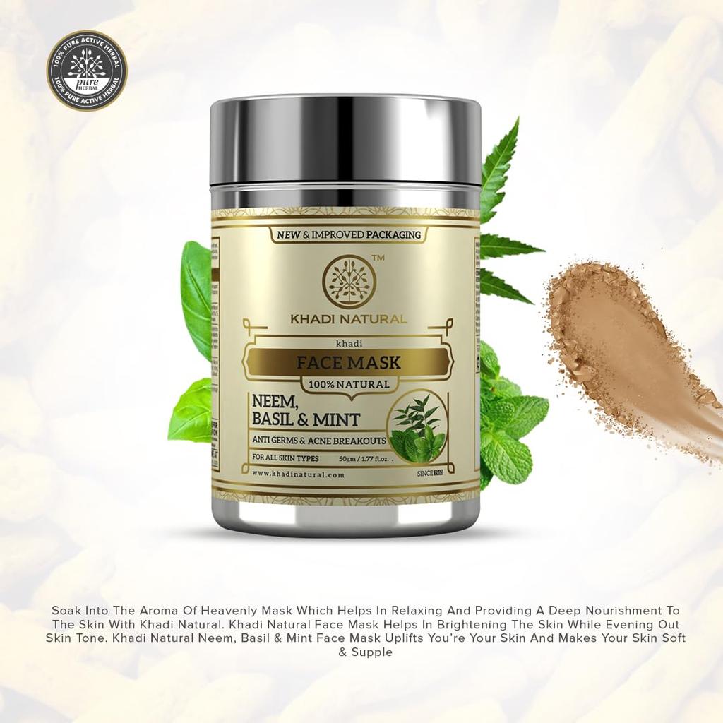 Khadi Natural Neem Basil Mint Anti Acne Face Mask 50g Herbal Skincare for Clear Radiant Skin