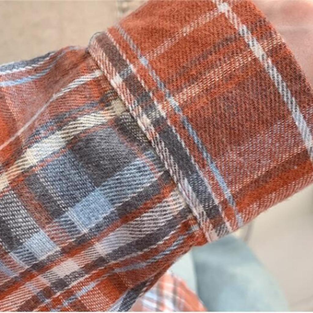 Retro Plaid Shirt Plain Tops Spring Autumn Lapel Long Sleeve Shirts Women Chic Loose Blouse Asian Size