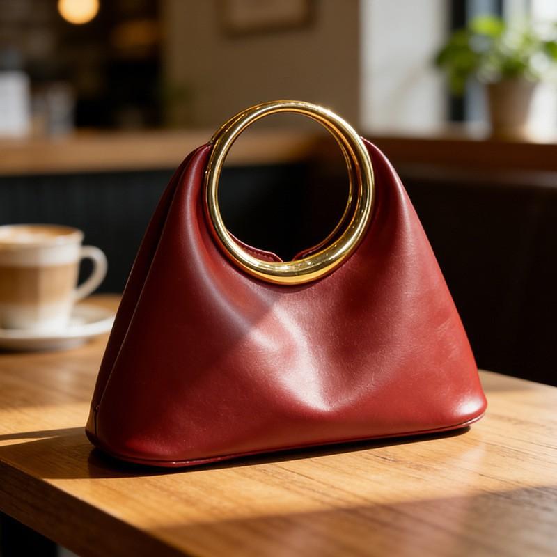 Retro Niche Design French Elegant Handbag Metal Ring High-end Soft Genuine Leather Tote Bag