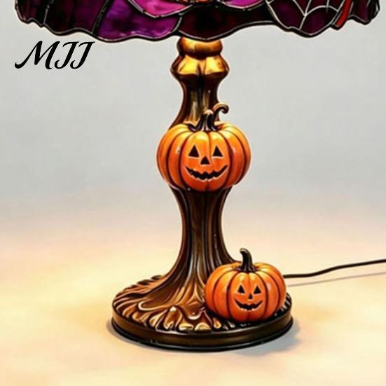 Seasonal Bedroom Decor Halloween Pumpkin Bat Table Lamp, Stained Glass Reading Light, Gothic Festive Accent Cozy Nightstand Light for Bookshelf,
