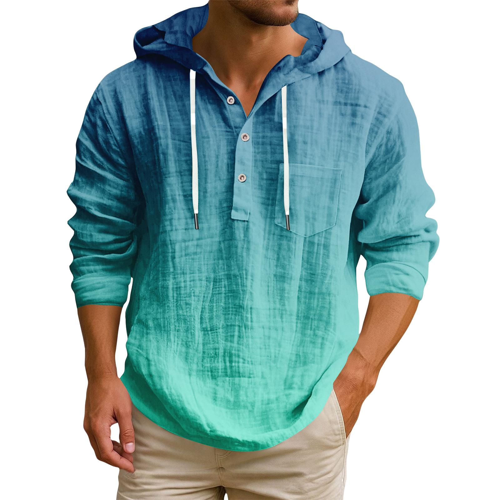 

Мужская футболка с капюшоном градиентного цвета из хлопка и льна, мужской повседневный топ с длинным рукавом XXXL циан