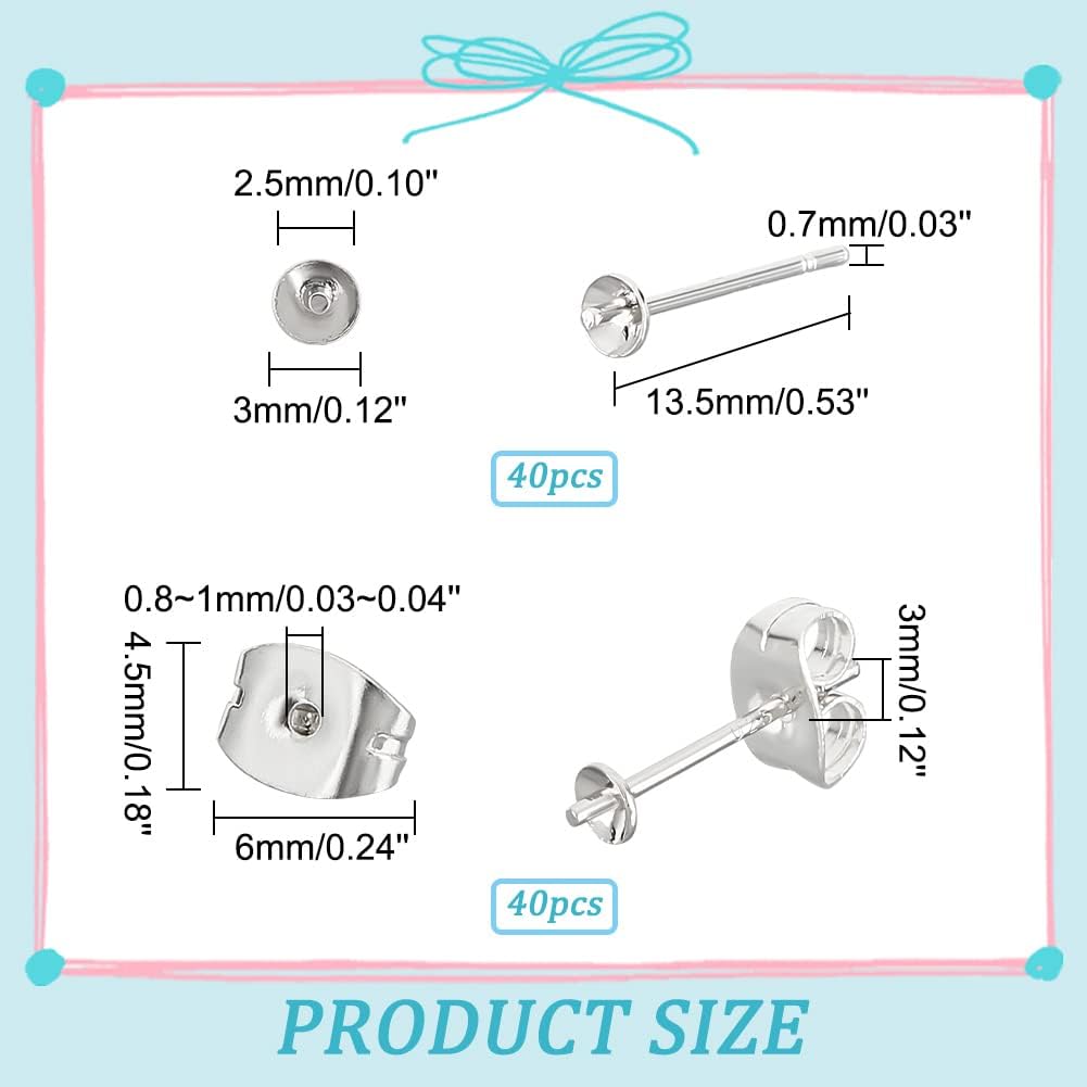 DICOSMETIC 40Pcs Stud Earrings 925 Sterling Silver Earrings Posts 0.7mm Small Silver Pearl Cup Stud Earring Setting and 40pcs Stainless Steel Ear