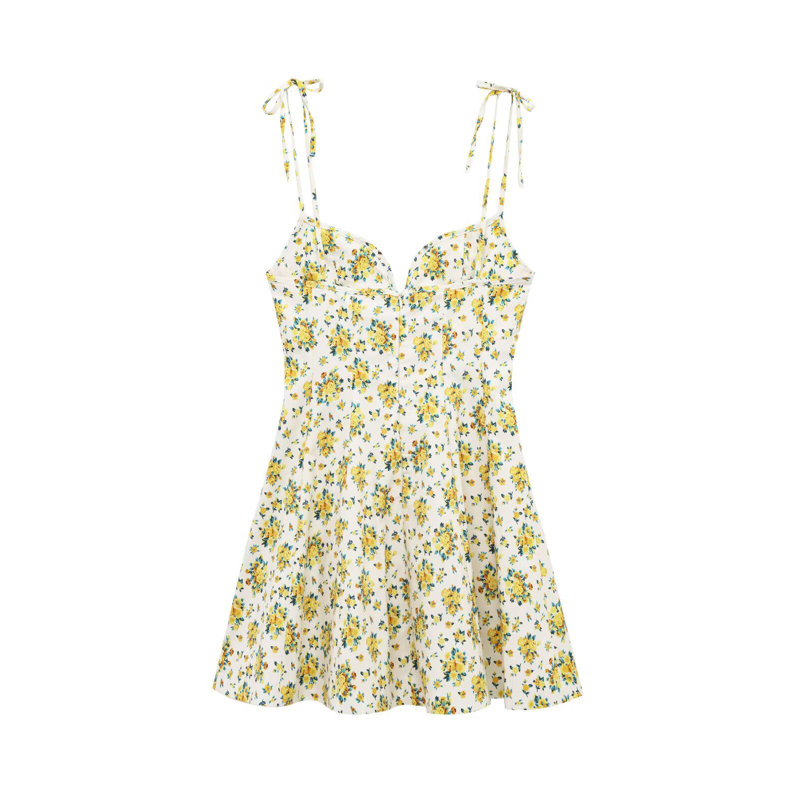 

Европейское и американское платье-слинг с V-образным вырезом, открытой спиной, цветочным принтом и бантом, 2025 Medium светло-желтого