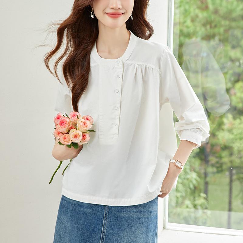 Cotton Shirt Pullover Top Crew Neck Long Sleeve Shirt Commuter Loose Top