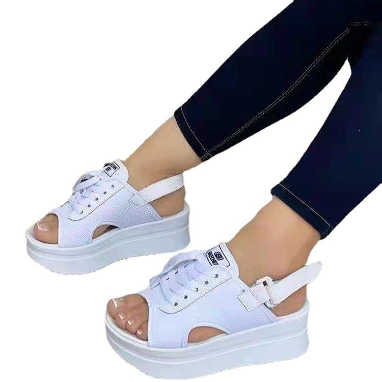 2025 European and American New Muffin Bottom Fish Mouth Lace-up Velcro One-word Buckle with Large Size Casual Women's Sandals