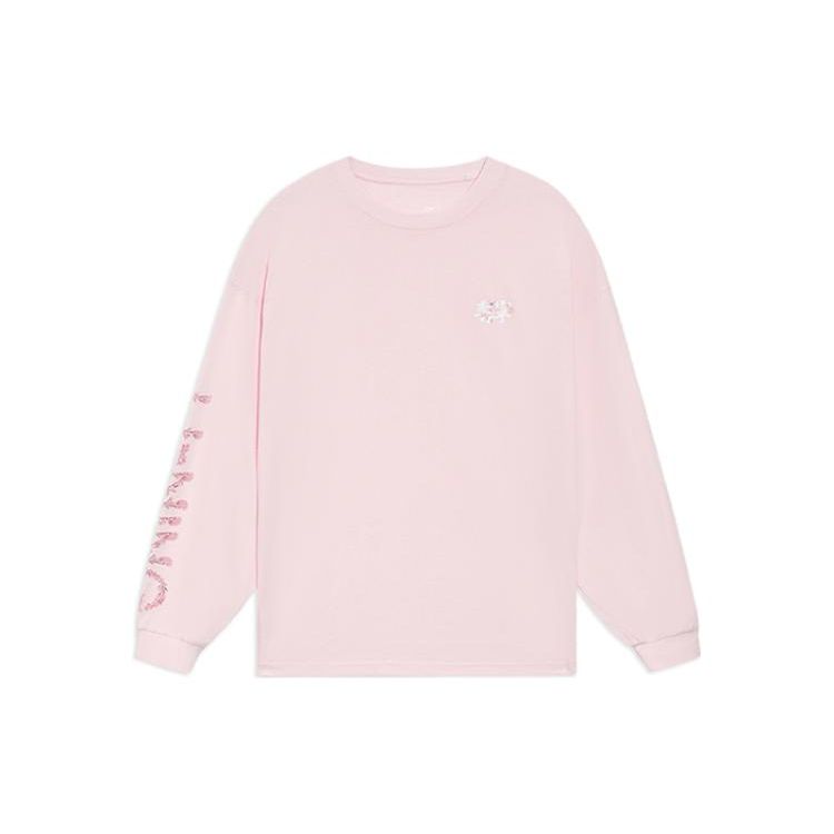 Li Ning SS22 Sakura Series Letter Print Casual Pullover Long Sleeve Drop Shoulder T Shirt Unisex Tops Pink AHSS915-2 XS
