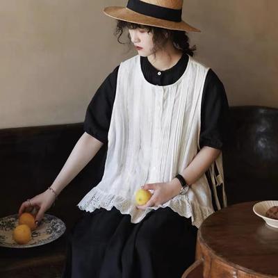 Koreanische Version Mori Frauen Plissee Schwere Industrie Spitze Westen Sommer Schichtung Alle Spiel Casual Tops