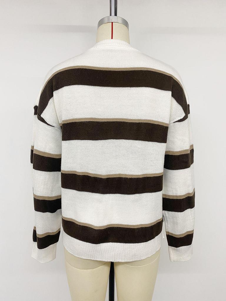TEMU Europe 2026: American Retro Striped Knit Sweater - Loose Fit, Drop Shoulder, Long Sleeve, Round Neck.