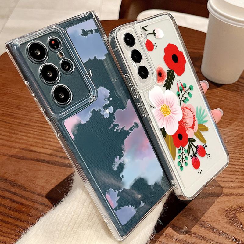 Fashion Love Heart Floral Transparent Phone Case For Samsung S24 S23 Ultra S22 S21 FE A15 A35 A55 A33 A54 A53 A25 Shockproof Clear Soft Silicone Cover