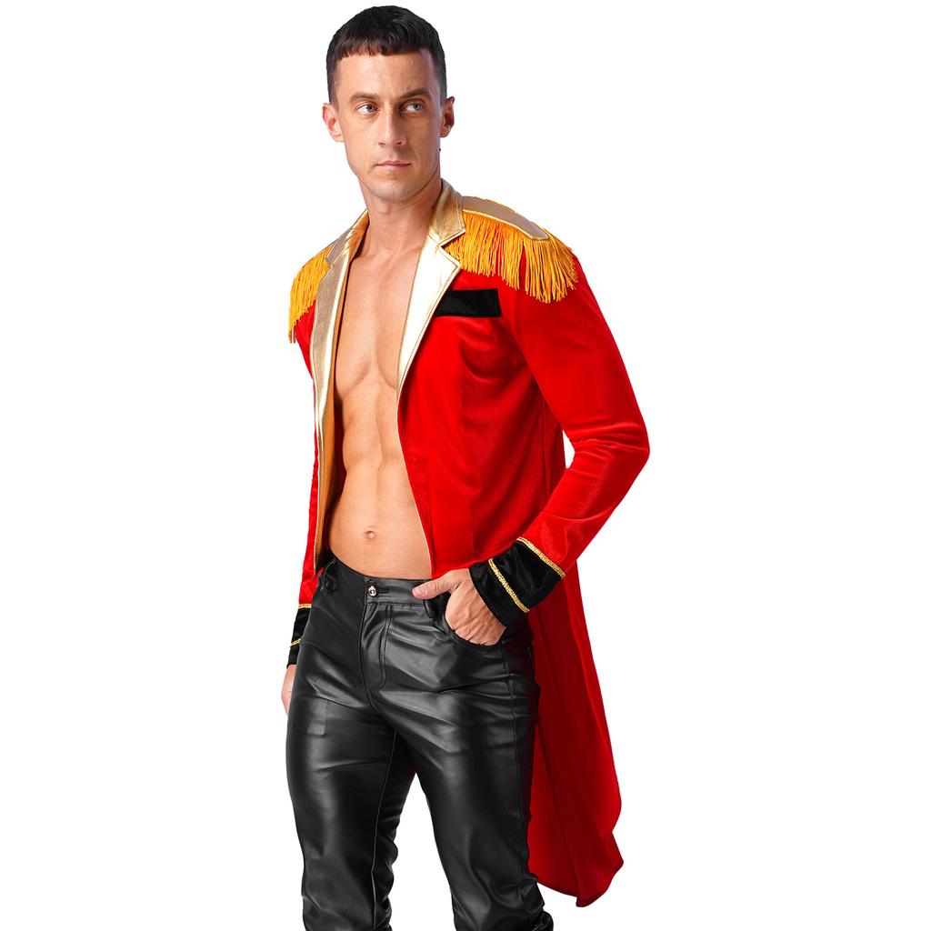 Mens Circus Ringmaster Costume Set Long Sleeve Lapel Fringed Shoulder Tailcoat Jacket Hat Collar Gloves Carnival Cosplay