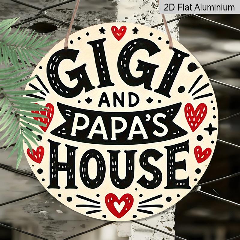 2D Flat, 1pc Round Aluminum "Gigi and Papa's House" Sign, Cute Heart & Star Wall Decor, Whimsical Black and White Style, Waterproof & Durable