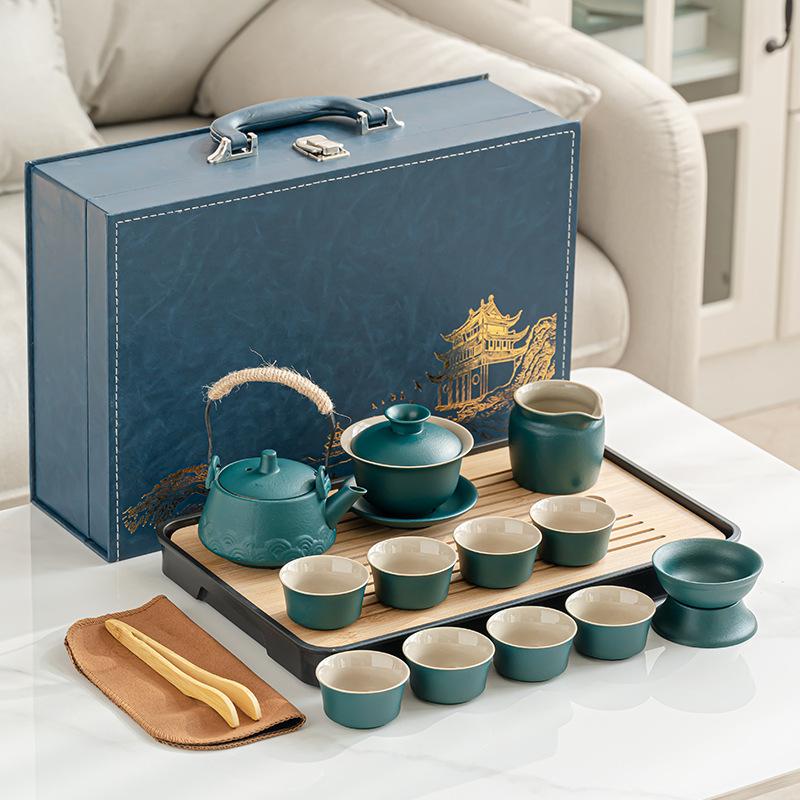 Black Pottery Kung Fu Tea Set, Full Set, Home Office Teapot, Simple Cover Bowl, Tea Can, Complete Set of Tea Trays