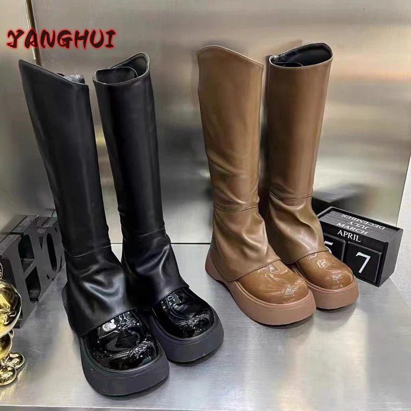 Autumn and Winter New Round Head Fashion Flanging Thick Soled Boots Fashion Personality Versatile Large Shoes Chaussure Femme