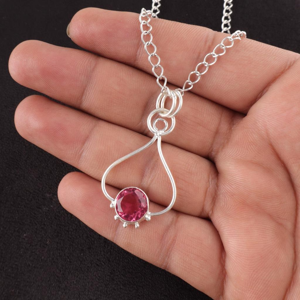 Round Pink Tourmaline Stone Birthday Gift Artisan New Pendant Jewelry 925 Silver PP-40-12