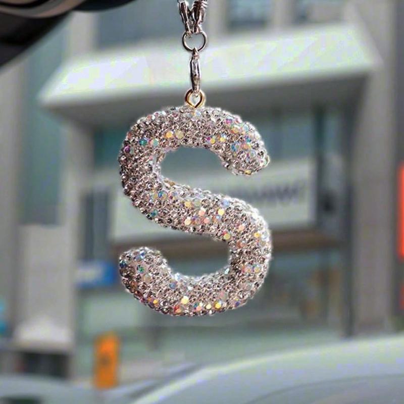 1pc Rhinestone A-Z Letter Car Rearview Mirror Pendant, Car Interior Decor