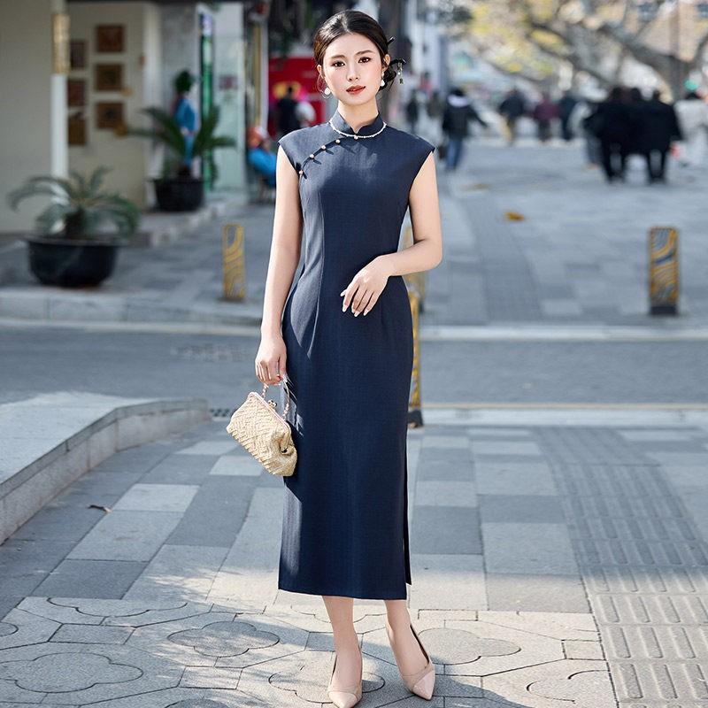 Blue Sleeveless Modern Chinese-Inspired Long Dress Women 2026 Linen Blend Retro Style Daily Wear Small